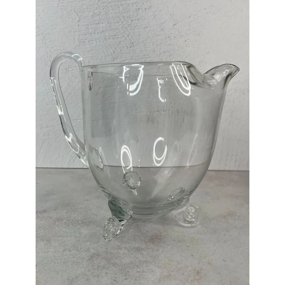 Vintage Blown Clear Glass Pitcher With‎ Three Legs & Handle Unique MCM Diffrent